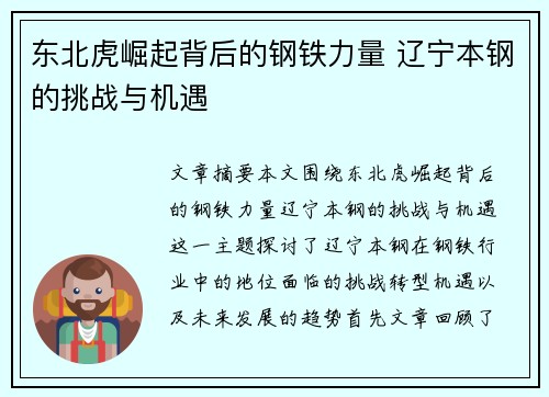 东北虎崛起背后的钢铁力量 辽宁本钢的挑战与机遇
